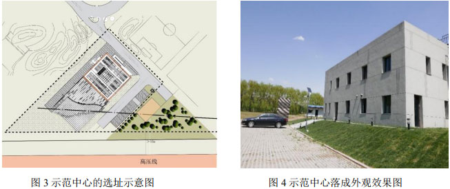 圖3示范中心的選址示意圖 ? ? ? ? ? ? ? ? ? ? ?圖4示范中心落成外觀效果圖